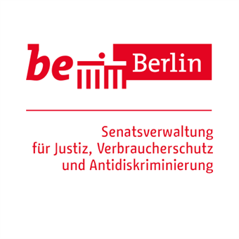 The logo is divided into two parts, separated by a narrow horizontal line.
In the upper part on the left side, "be" is written in italics and bold, next to it a simplified representation of the Brandenburg Gate, reduced to 6 vertical lines and a horizontal top line. On top of it a dot. To the right of it is a rectangular red box with 'Berlin' in narrower type.
Below the line is written 'Senate Administration for Justice, Consumer Protection and Anti-Discrimination', left-aligned in red letters.
